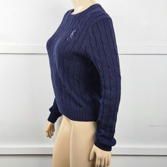 Polo Ralph Lauren Womens Cable Knit Beaded Logo Crewneck Sweater Size L - Picture 4 of 11